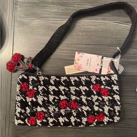 Viral Black and White Beaded bag with Red Cherry Accents and Cherry charm. NWT - Picture 1 of 1